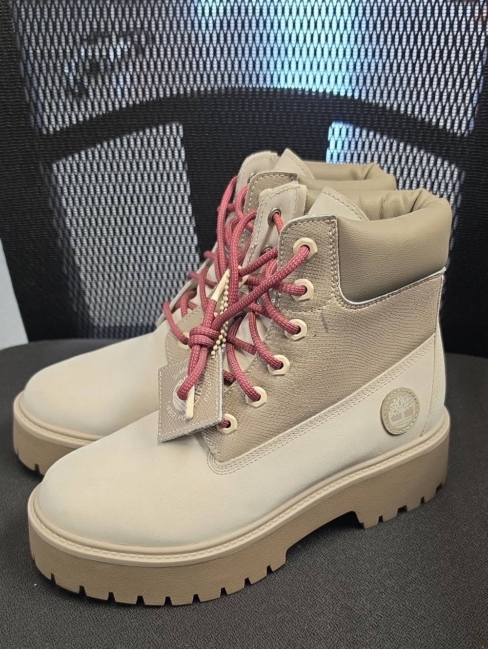 Timberland Beige Ankle Lace-Up Boots with Pink Laces